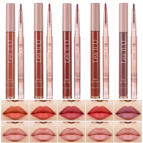 Lea ll U Lip Liner & Lip Glaze Set, Waterproof Smooth Lip Liner, Long Lasting Matte Lip Glaze, Velvet Lip Glow, 2 Pcs, Nude Lipstick, 5 Colors (03#Rose Cocktail)