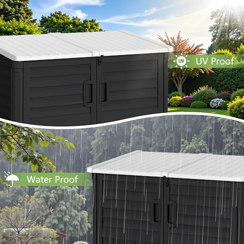 Image of Greesum Outdoor Trash Can Storage Shed, 34 Cu.ft Waterproof Horizontal Storage Shed, Portable Horizontal Resin Storage Shed for Garden, Backyard, Patio, Dark Black