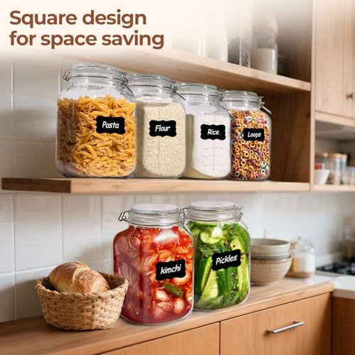 Image of ComSaf Large Square Glass Food Jars 1.1 Gallon 2 Pack for Flour Sugar Rice | Airtight wire clamp lids, two 120 ml scoops, two labels and 4.3-inch extra-wide mouth, cereal and bulk pantry goods storage