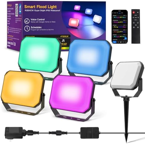 OUTON Foco LED Exterior, 24W RGBAICW Iluminación Paisajística Inteligente con APP, Compatible Alexa, 2200-6500K, Impermeable IP65, 44 Modos Escena, Si...