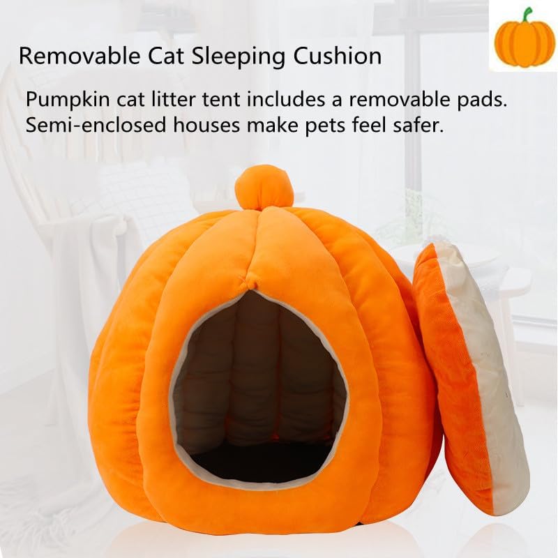 review Cute Pumpkin Cat Bed for Indoor Cats, Cozy Pumpkin Style Pet Nest Cat Cave Bed with Removable Cushion Pillow, Indoor Cat House Semi-Closed Pumpkin Pet Tent Bed Small Dog House (Orange, 19 Inch)