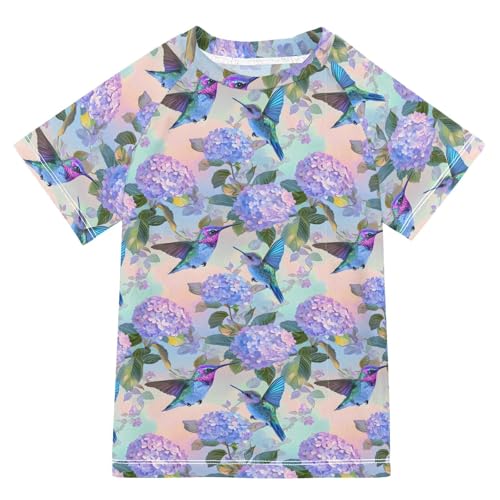 ALAZA Kids Rash Guard Girls Toddler Swim Shirts Short Sleeve Hummingbird Hydrangea UPF 50+ 3T