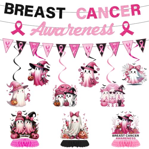 Image of Breast Cancer Awareness Decorations, 12PCS Breast Cancer Awareness Month Party Banner Hanging Swirls Honeycomb Centerpieces Decor Set, Halloween Pink Ribbon Party Supplies for Women