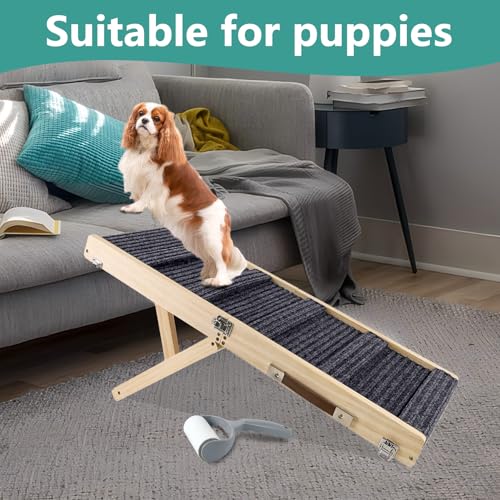 Umtiti Haustierrampe aus Holz, zusammenklappbar, tragbar, 4 Stufen, verstellbar, 22,9 cm bis 43,9 cm, mit Rutschfester 5 Pfoten-Traktionsmatte für kleine, mittelgroße Hunde.Dog Ramps-GY,DE