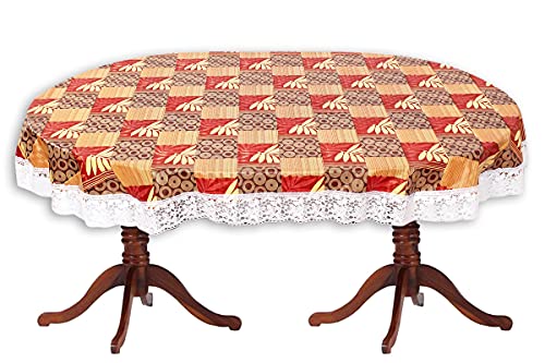 Image of The Furnishing Tree Waterproof PVC Oval Shaped 10 Seater Table Cover WxL 60x120 inches Surface Pattern Yellow with White Border lace