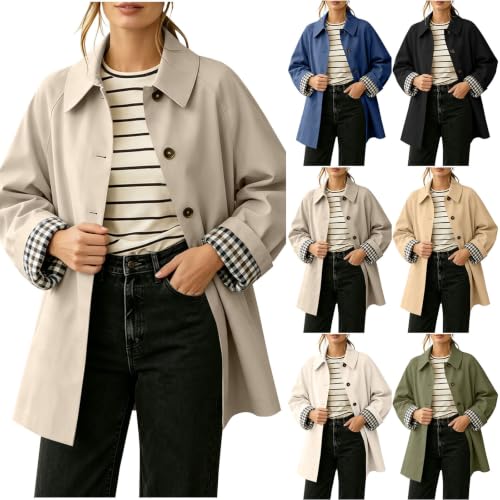 Trench Coat Women Lightweight Barn Jacket Plaid Lined Lapel Button Up Coats - image 1