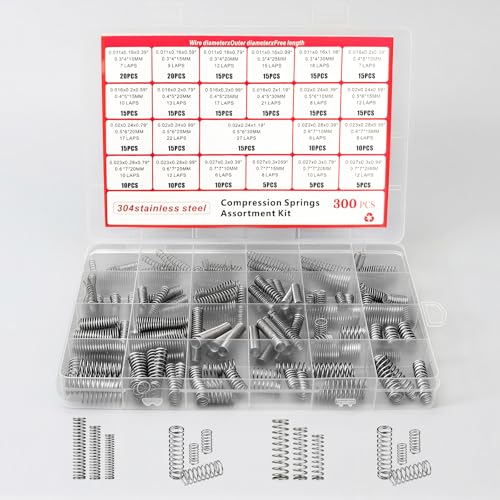 Kit de 300 Ressorts de Compression en Acier Inoxydable 304 avec Boîte de Rangement – 23 Tailles de Petits Ressorts pour le Bricolage, l'Automobile, la...