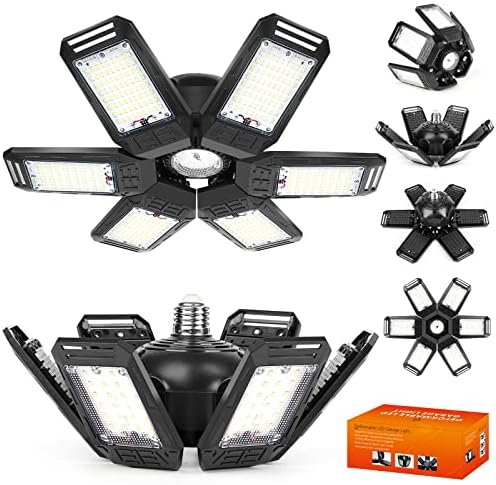Led Garage Lights 2-Packs, 180W 18000LM Deformable Triple Glow Garage Lighting with 6 Adjustable LED Panels, E26 Ceiling Light, Led Shop Lights for Garage, Warehouse, Basement Workshop, Yard