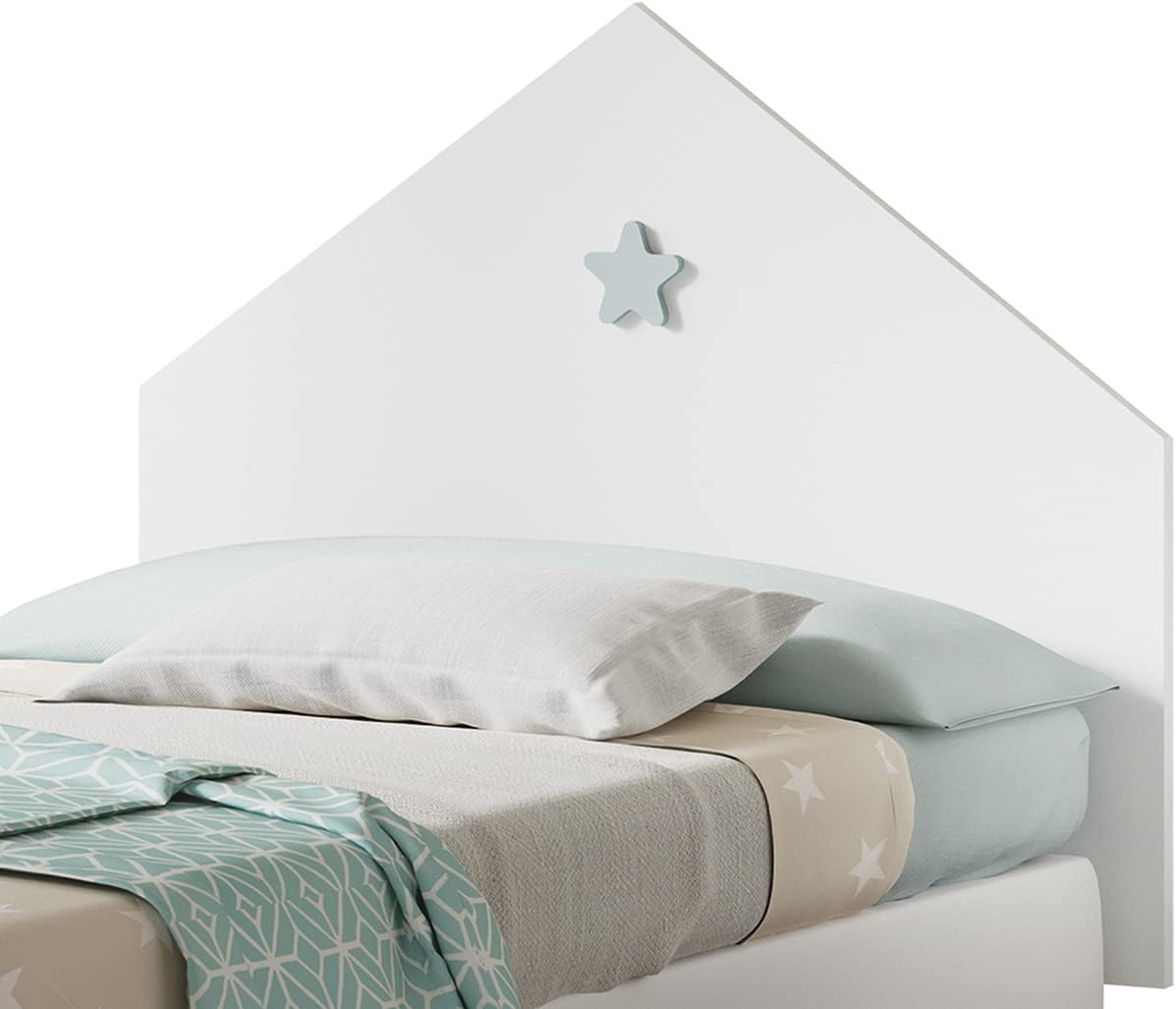 JUANIO Cabecero Dormitorio Juvenil, Infantil o Individual en Acabado de Color Blanco Atlas y Estrella Gris, Medidas: 80 cm (Alto) x 100 cm (Ancho) x 1,6 cm (Profundo)