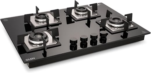 Glen 4 Burner Built-in Glass Hob | Auto Ignition | Italian Double Ring Brass Burners | 8mm Toughened Glass Top | Black | Premium Gas Hob…