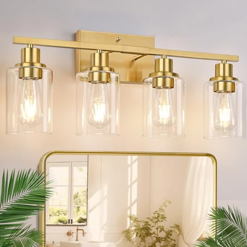 Image of Indoi 4-Light Bathroom Light Fixtures, Brushed Gold Modern Vanity Lights with Clear Glass Shades, Bathroom Wall Lamp for Mirror Living Room Cabinet Bedroom Porch