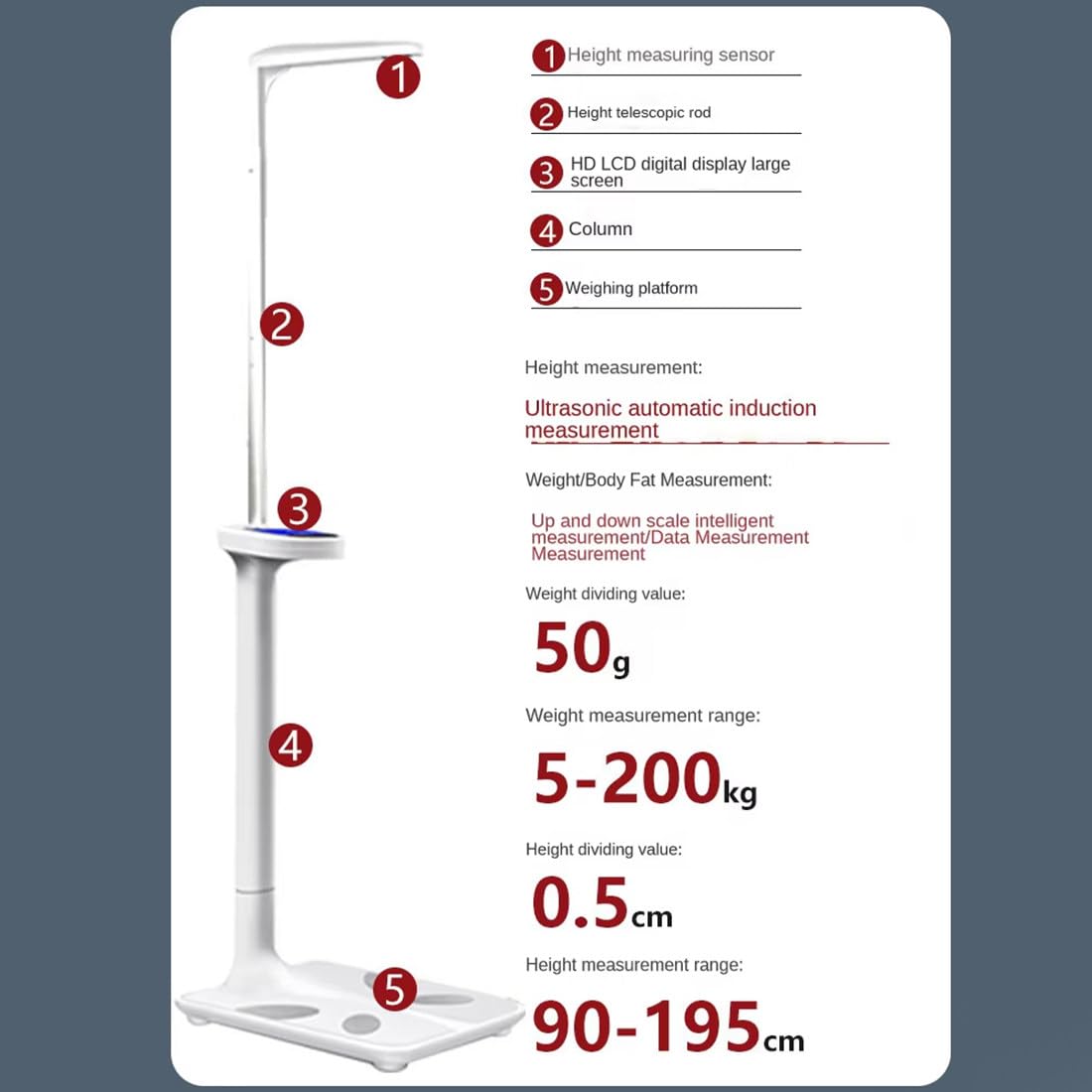 Waga Ultradźwiękowa Do Pomiaru Wzrostu I Wagi, Cyfrowa Waga Medyczna Z Wyświetlaczem Lcd, Profesjonalna Waga Lekarska, 5~200 Kg, Do Pomiaru Masy Ciała/Wzrostu/Otyłości/Bmi