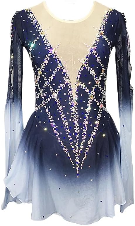 Figure Skating Dress,Girls Blue Patchwork Mesh Spandex Stretchy Rhinestone Skating Performance Competition Wear Costume