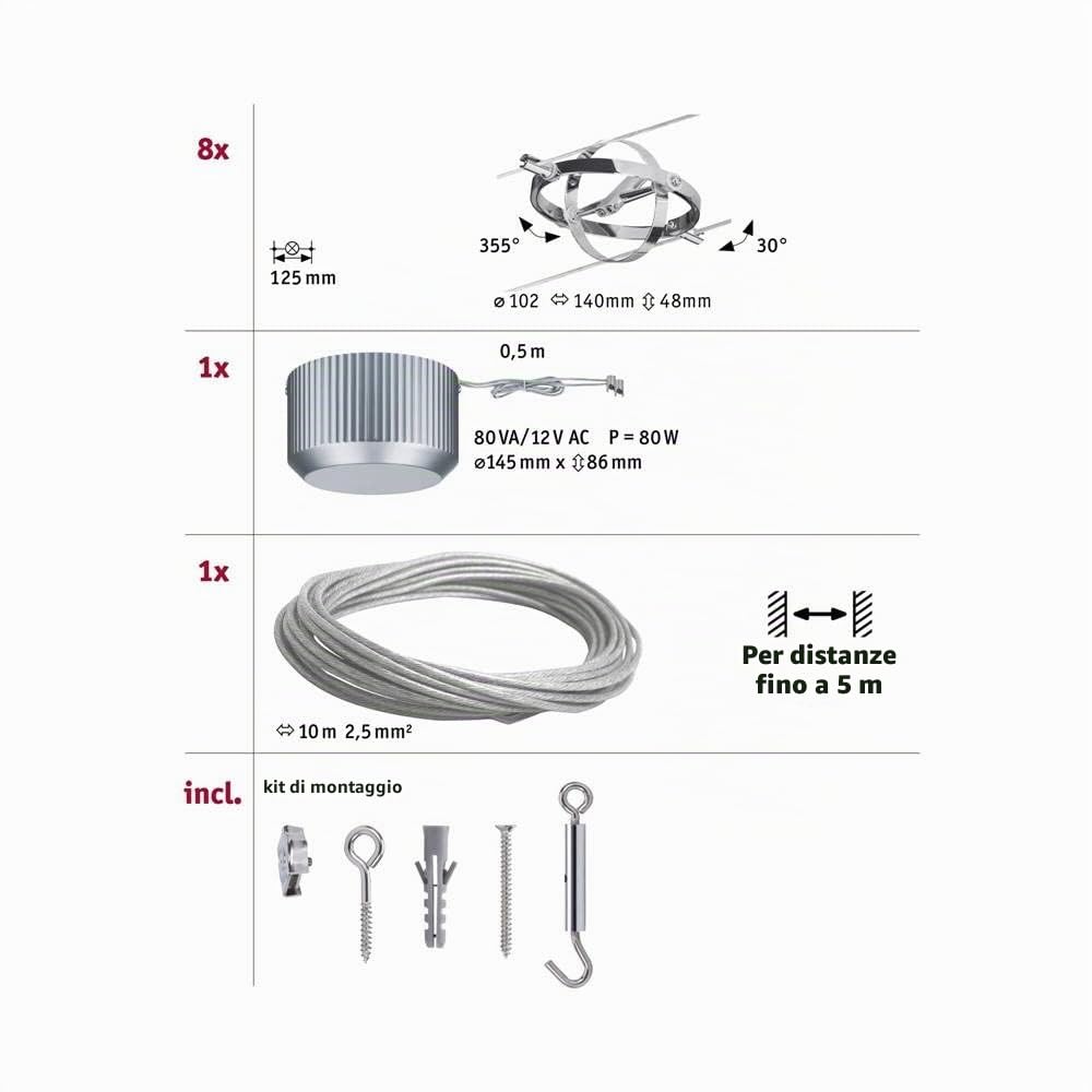 Paulmann sistema di cavi per faretti, 94153, set Cardan, massimo 8 pezzi da 10 W l’uno, GU 5,3, ad intensità regolabile, in metallo, lampada con cavi, a LED, senza lampadine