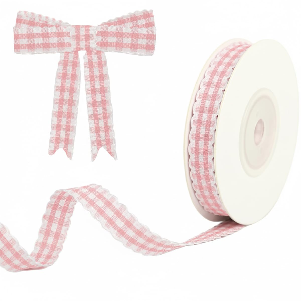 HASTHIP® Checkered Ribbon Roll, 10 Yards Ribbons for Gift Wrapping, Lace Edged Gingham Plaid Ribbons for Decoration, Sewing, DIY Craft, Hair Bows, Party Christmas Decor (1cm Wide, Pink)-image-4