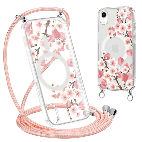 Magnetica Cover con Cordino per iPhone XR 6.1 Compatibile con MagSafe Trasparente Custodia Sottile Bumper Antiurto Collana Tracolla Laccio Case con Aesthetic Disegni Fiori6 silicone tpu