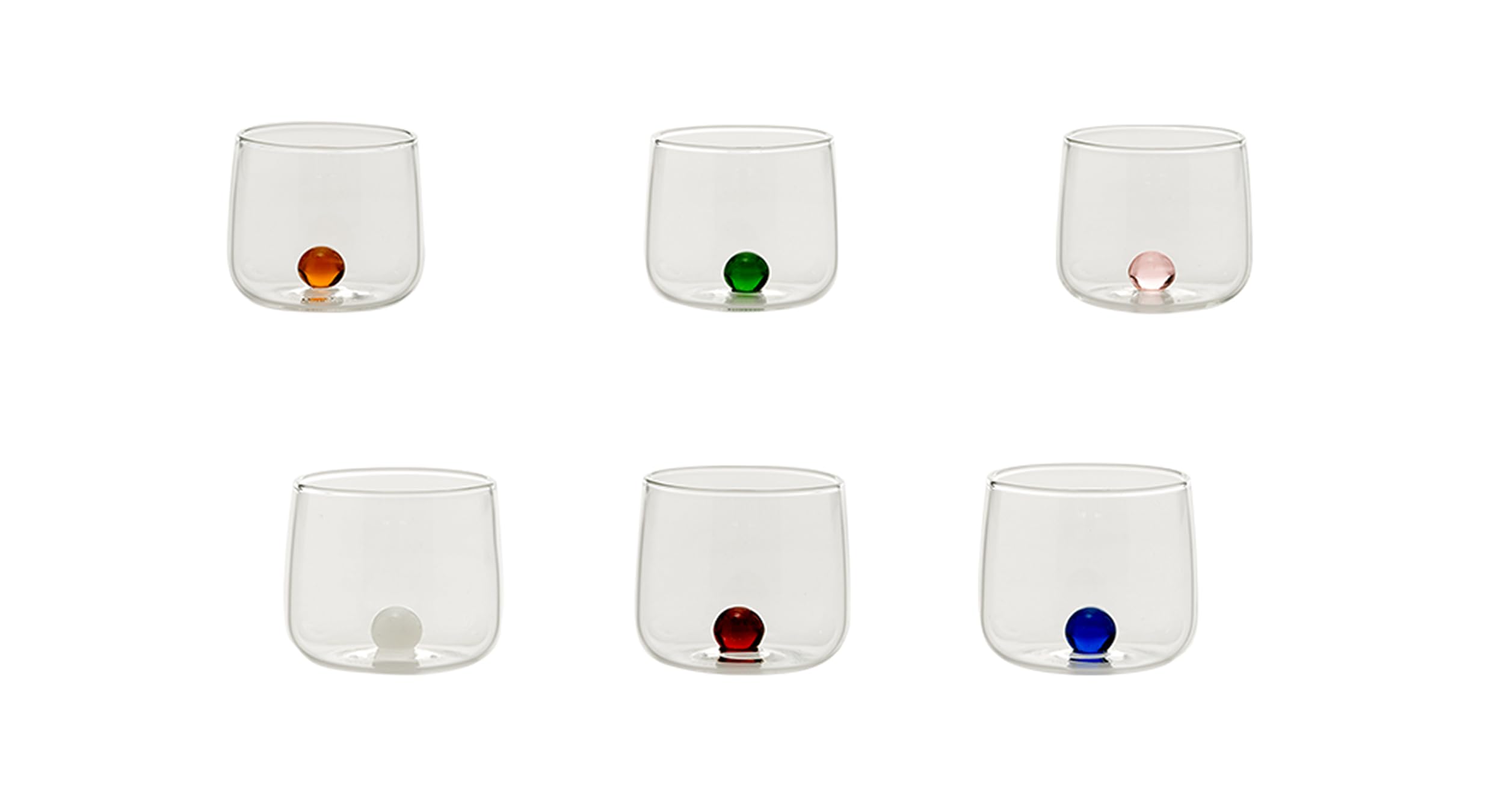 Zafferano Bilia Junior Set di 6 bicchieri da liquore in vetro borosilicato, trasparente, con sfere in 6 diversi colori