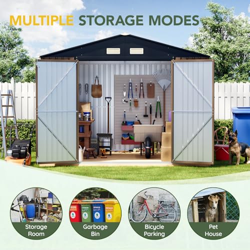 Image of Outdoor Storage Shed 10x12FT with Frame Floor, Skylight Roof Panels, Metal Utility Garden Tool Shed with Lockable Doors & Windows for Patio Storage, Brown