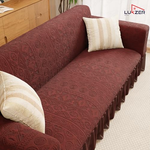 Image of Lukzer 1 Seater Jacquard Sofa Cover with 360 Frill Skirt - Pastel Deep Maroon Tribal Pattern | 240 GSM Stretchable Anti-Slip Fully Covered Universal Couch Cover for Living Room (90-140CM /SC-135-01F)