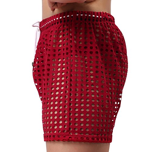 TiaoBug US Mens Hollow Openwork Drawstring Lounge Underwear Boxer Shorts Red Size Medium2