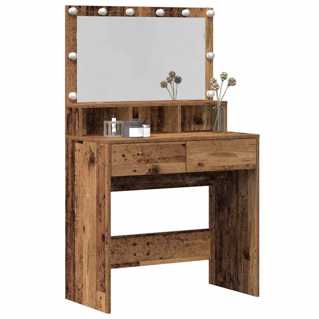 Tavolo da trucco in legno ingegnerizzato legno vecchio con specchiera e luci LED USB 80 x 41 x 134,5 cm, 2 cassetti ampio spazio, mobiletto consolle per camera da letto donna ragazza