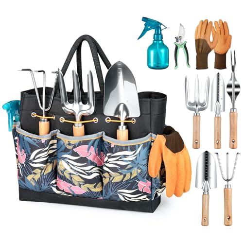 Grenebo Gardening Tools 9-Piece Heavy Duty Garden Hand Tools with Fashion and Durable Garden Tools Organizer Handbag, Rust-Proof Garden Tool Set, Ideal Gardening Gifts for Women