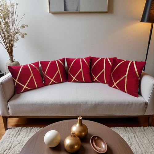 Image of Zikrak Besur Gold Stripe On Velvet|Pack of 5 Cushion Cover|for Home Decoration|Living Room Decor|Hotel Premeuim Quality Cushion Cover|Exclusive ON Amazon (Maroon, 26 x 26 INCH(65 X 65 CM))