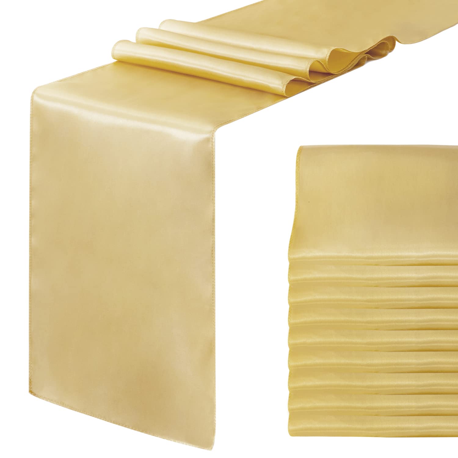 JEVIX 10 Pack Satin Table Runner 12 X 108 Inch Silk Table Runner for Party,Wedding, Birthday, Banquets,Decoration(Light Gold)