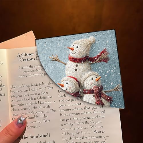 Image of 2Pcs Cute Snowman Family Corner Bookmarks, Handmade PU Leather Page Markers, Vintage Winter Art Stationery Gift for Kids, Teachers, Book Lovers, Aesthetic Reading Accessories 3.54 inch