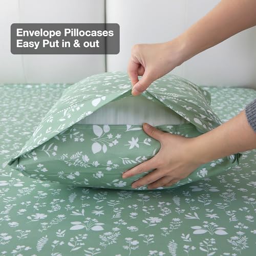 Image of Viviland Sage Green Twin Sheet Set - 4 Piece Vintage Green Flower Patterned Bed Sheets - Soft, Breathable Microfiber Floral Sheets with Deep Pocket, Non-Slip Fitted Sheets & Pillowcases