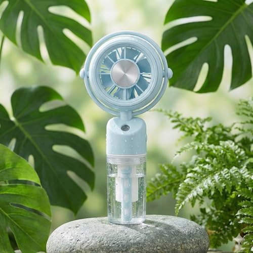 Image of Desidiya Mini Portable USB Rechargeable Hand Fan With Mist Diffuser 8000 RPM, 1200mAh Rechargeable Battery, Up to 6H Runtime, 3 Speed Modes With Mist Button Hand Fans for Summer, Blue Colour