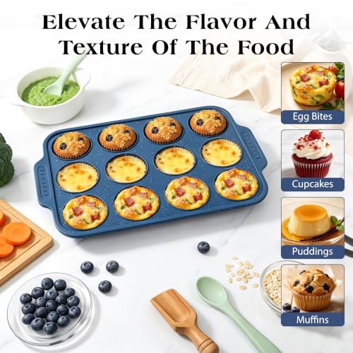 Image of Silicone Muffin Pans for Baking with Metal Reinforced Frame | Nonstick 12-Cup Regular Size Cupcake Tray for Egg Bites, Muffins & Cupcakes, Dishwasher Safe, Dark Blue, 1 Pc