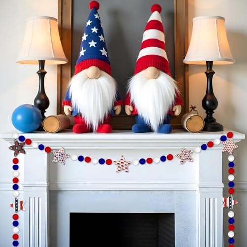 Image of 4th of July Garland, 8.2ft Felt Patriotic USA Garland for Mantle Red White Blue Patriotic Star Banner Decor for Independence Day Halloween Party