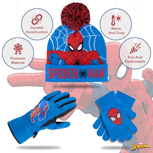 Image of Marvel Spider-Man Kid's Winter Hat and Snow Gloves for Boys and Toddlers, 2 Pc. Set, Pom-Pom Beanie with Warm Mittens