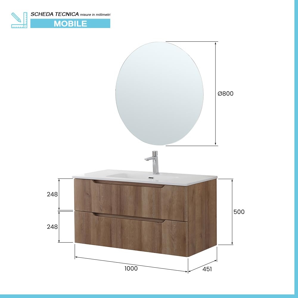 Mobile Bagno Sospeso Cannettato Da 100 Cm In Legno Nobilitato Rovere Linea Wise Con 2 Cassettoni Soft-Close A Gola, Completo Di Specchio Tondo E Lavabo In Ceramica