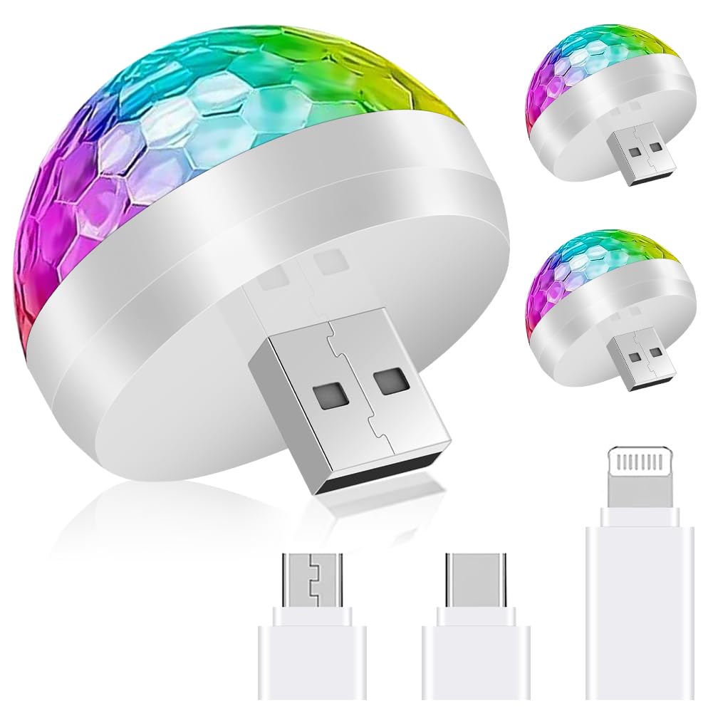URAQT USB Lights Disco, Mini Disco Ball Lights, 4 kolorowe samochodowe lampki nastrojowe LED, Przenośne Mini Disco Lights RGB z 3 adapterami, Nadaje się na imprezę, klub, urodziny, karaoke (Biały)