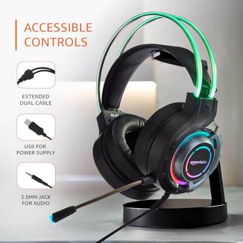 Image of Amazon Basics RGB Wired Gaming On Ear Gaming Headphone, 2 Meter Braided Cable, with mic, Suspension Design, 3.5mm Connector (USB A only for RGB, Black)