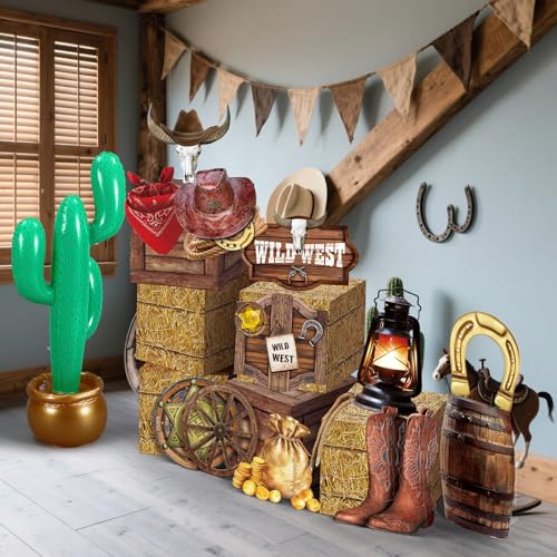 Colingmill 20 Pcs Western Cowboy Party Decorations Hay Bales Straw Boxes Inflatable Cactus Cowgirl Card Hat Horseshoe for Birthday Photo Booth Props Cowboy Party Birthday Farm by Colingmill - Image 7