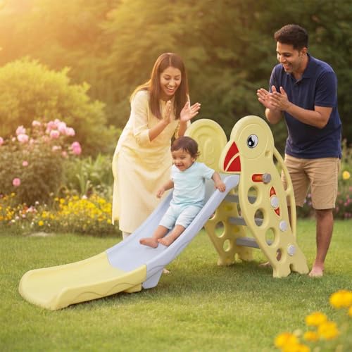 Image of Toyzone Golden Sparrow Slide for Kids | Baby Play Slide | Indoor & Outdoor Kids Slider | Easy Assembly | Safe Rounded Design | BIS Certified | Made in India | Kids Slide for 2-8 Years, Upto 70 kgs