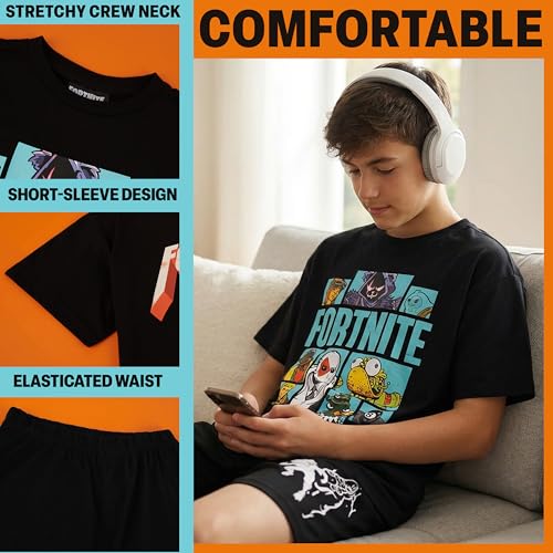 Fortnite Pyjama Jungen 7-16 Jahre, 2er-Pack Kurz Schlafanzug Kinder mit Kurzarm T-Shirt, Baumwolle Sommer Nachtwäsche, Geschenke für Kinder (9-10 Jahre, Schwarz/Multi, 2 Pack)