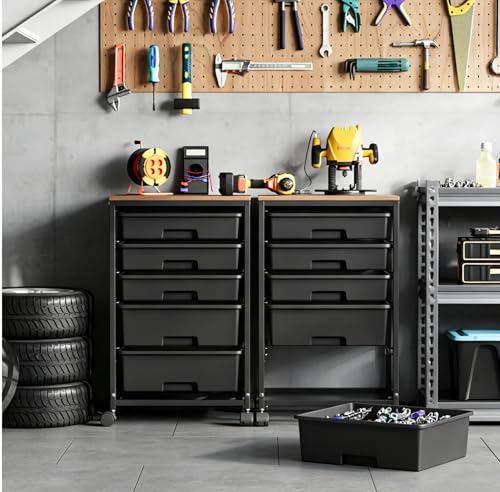 Image of SYKIARIOL 5-Tier Rolling Utility Storage Drawer Craft Cart on Wheels with Wooden Tabletop, Mobile Craft Storage Drawer Cart Trolley for Home Office, Classroom, Craft Room & Kid Room, Black