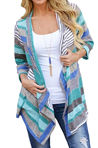DEARCASE Women's Open Front Cardigans 3/4 Sleeve Draped Striped Sweater Jackets Draped Kimono Loose Cardigan
