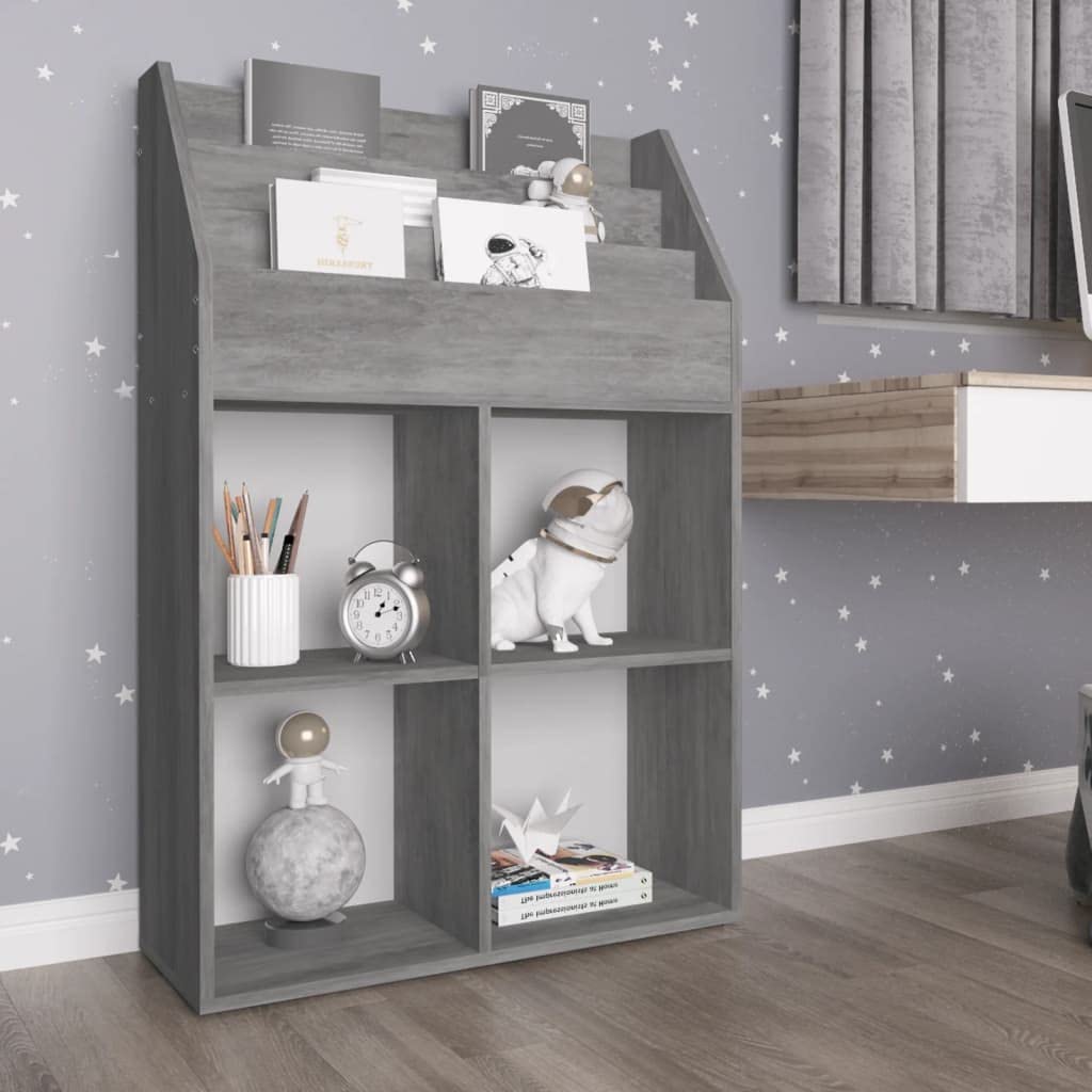 Drewniany stojak na czasopisma Ingenierie Szary Beton 71x30x114cm | 3 przegródki na książki, 4 otwarte przegródki, trwałe, czyszczenie na mokro