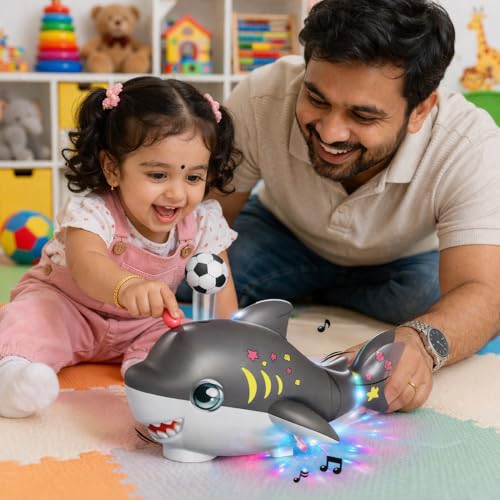 Image of Musical Dancing Shark Toy with Ball Blowing on Air for Kids Moving 360 Degree Rotating Light and Sound Toy with Bump and Go Action for Toddlers Both Boys Girls (Grey or Blue Colour)