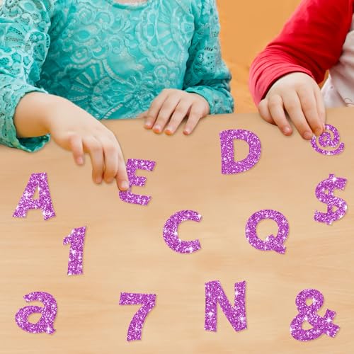 Image of Colarr 216 Pcs Glitter Bulletin Board Letters for Classroom Number Alphabet Punctuation Symbol Cutout 4'' Die-Cut Poster Letter with Adhesive Dot School Party Holiday Decor Display(Purple Pink)