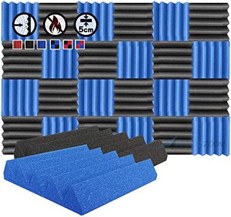 Arrowzoom New 24 Pieces 10x10x2inch Black and Blue Soundproofing Insulation Wedge Acoustic Wall Foam Padding Studio Foam Tiles AZ1134 BLACK & BLUE