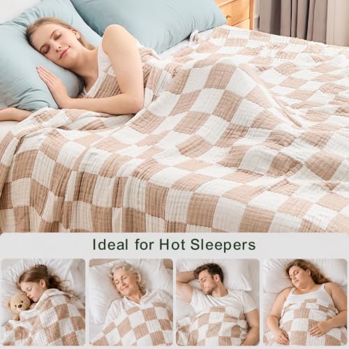 Image of EMME Cooling Muslin Queen Blanket for Bed - Checkered Lightweight Summer Cotton Blankets of Rayon Derived from Bamboo for Hot Sleepers, Ultra Soft Breathable Gauze