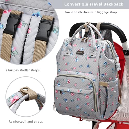 Image of GAIVP Diaper Bag Backpack, Diaper Bags for Baby Girls Boys, Baby Bags for Moms Dads, Nappy Changing Bag with Insulated Pockets,Multi-functional Waterproof Backpack with Stroller straps-Grey Flowers