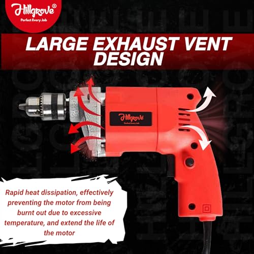 Image of Hillgrove HGCM524M1 With All Purpose 10mm Drill Machine with 5Pcs HSS Drill Bits for Making Holes in Metal /Wood /Concrete Pistol Grip Drill
