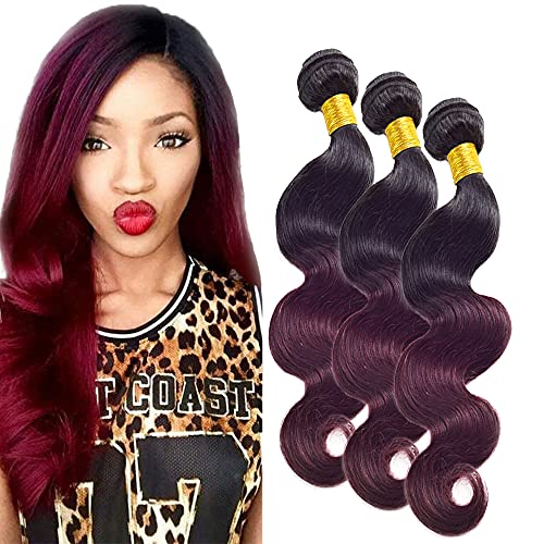 WunnSvm 1b99j Human Hair Bundles Burgundy Body Wave Bundles Ombre Hair Extentions 100% Unprocessed Virgin Human Hair Weaves With Dark Roots To Wine Red Hair 3 Bundles(20 22 24)Inch